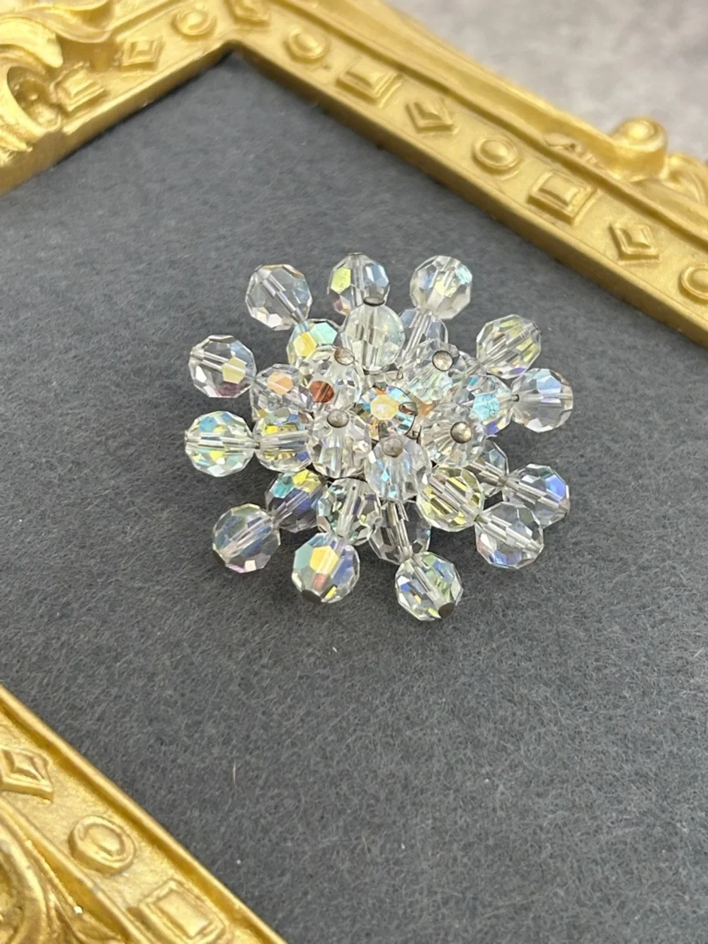 Vintage Crystal Aurora Borealis Flower Brooch - Sparkling Clear Rhinestone Pin
